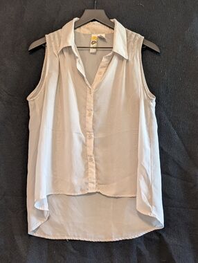 Mimi Chica Sheer Sleeveless Button Front High Low Beige Taupe Blouse Top Med